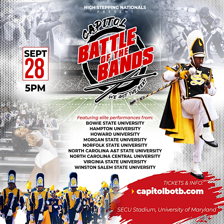 Capitol Battle of the Bands graphic showing HBCU marching bands featured in the competition