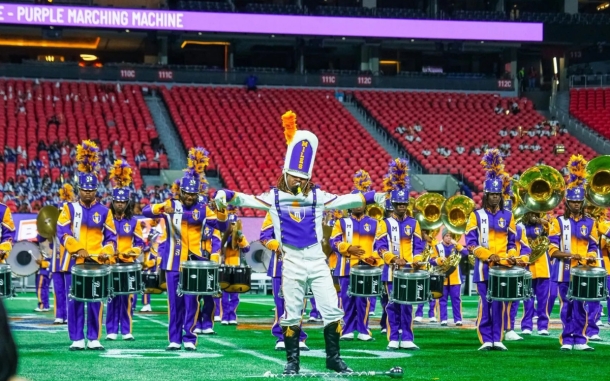 Miles College Purple Marching Machine performing at the HBCU Band of the Year National Championship in Atlanta